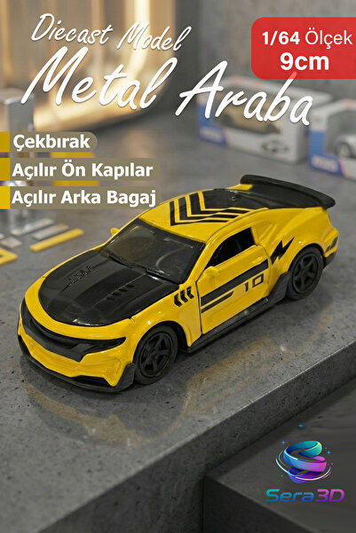 sera3d Diecast 1:64 Çek Bırak - Sarı Siyah Spor Yarış Arabası Açılır Kanat Ka...