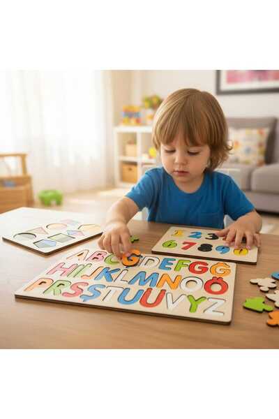Bigibigi Ahşap Alfabe EĞİTİCİ SET Rakam ve Şekiller Eğitici Puzzle Seti – Montessori Zeka Geliştirici Oyuncak