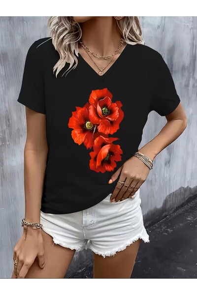 yombaa Printed T-Shirt. Short Sleeve V-Neck Summer & Spring Casual Top, Women...