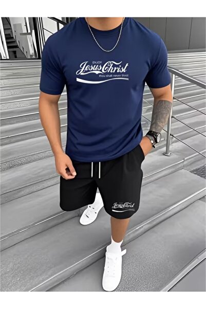 puolikuu Men's Oversized Tracksuit with Shorts - Jesus Printed T-Shirt - Shorts