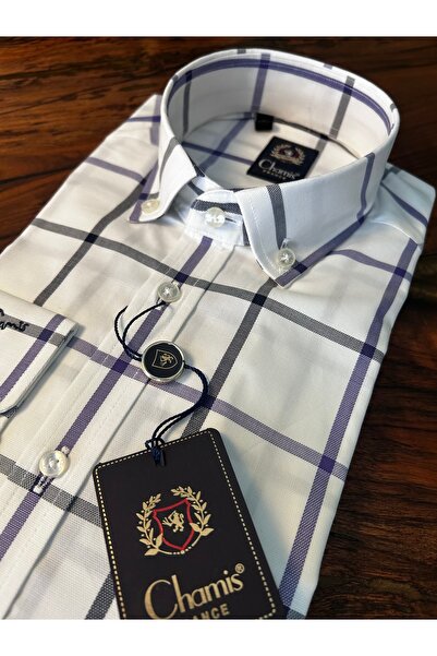 Chamis Slimfit White Plaid Oxford Button-Down Collar Shirt