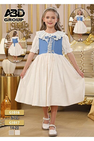 Red Planet فستان بناتي قصير بقماش لينن موشح تصميم الجزء العلوي بقماش جينز مقا...