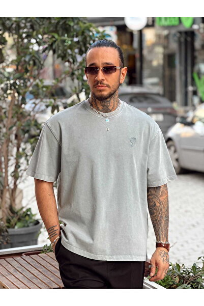 manch collection Washable Embroidered Chest T-Shirt Oversized Gray