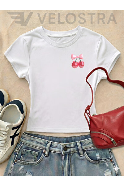 Velostra Tricou Crop de bază cu imprimeu cireșe pentru femei, pentru utilizar...