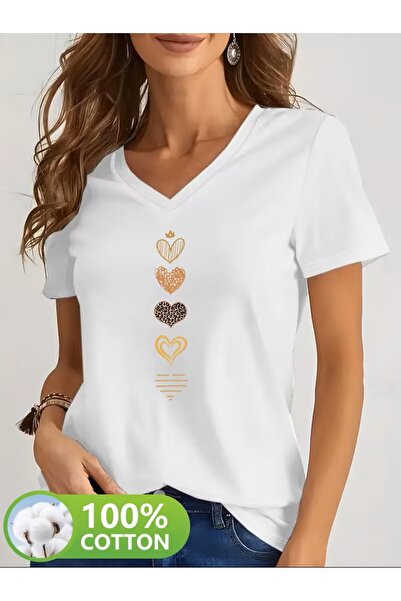 yombaa Printed T-Shirt. Short Sleeve V-Neck Summer & Spring Casual Top, Women...