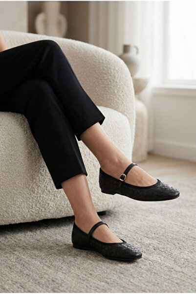 LORENN SHOES Violet Black Matte Knitted Patterned Gold Buckle Detail Flat Sol...