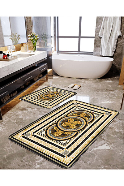 Homiko Gold Ethnic Framed Patterned 2-Piece Large Size Bathroom Mat Set Tlhmb...
