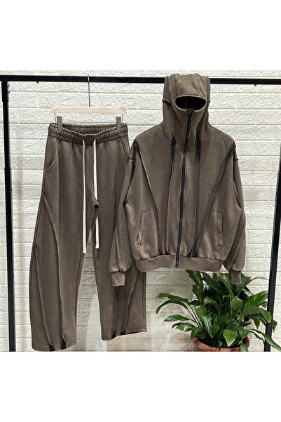 Urban Collection Trening din bumbac cu glugă tip cagulă maro Urbancollection