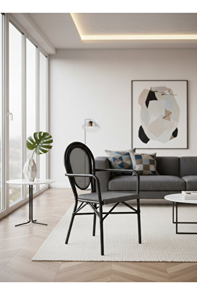 MARIA HOMES Modern BLACK&GRAY Outdoor Rattan Armchair with Woven Seat & Metal...