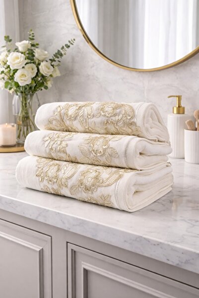 Bikaya Home Velvet French Lace Piece Hand Towels (3 Pieces) |   50X90 cm |   ...