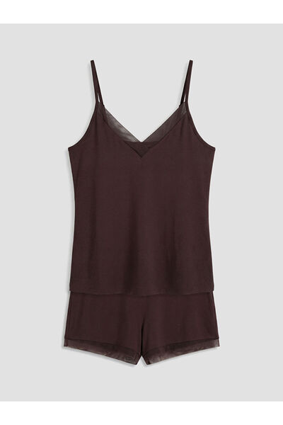 LC Waikiki Set pijamale cu pantaloni scurți pentru femei LCW DREAM maro cu de...