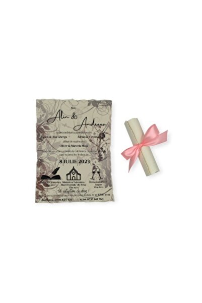 Fabricacucadouri.ro Pachet 50 Invitație Nuntă Rulată cu Fundiță Roz