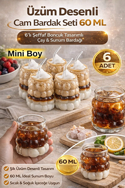 Hane Dostu Üzüm Desenli Cam Bardak Seti 60 ML – 6’lı Şeffaf Boncuk Tasarımlı ...