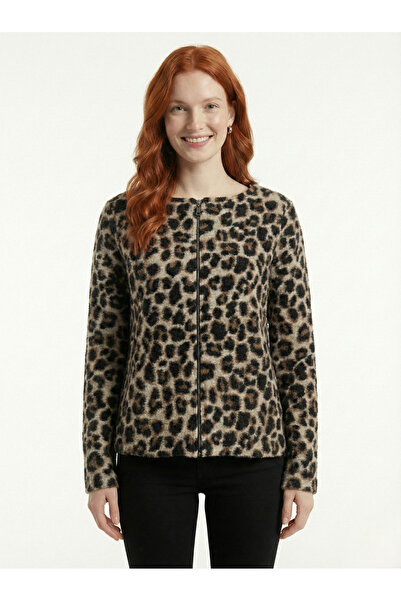 Neden Tekstil Kamel Black Leopard Printed Zipper Jacket