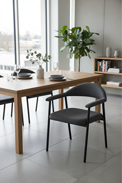 MARIA HOMES Modern Grey Textured Dining Chair with Black Metal Legs for Styli...