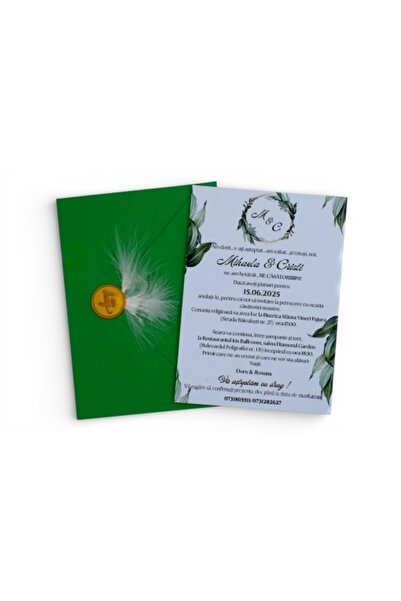 Fabricacucadouri.ro Pachet 50Invitație nuntă cu plic verde, pană albă și sigi...