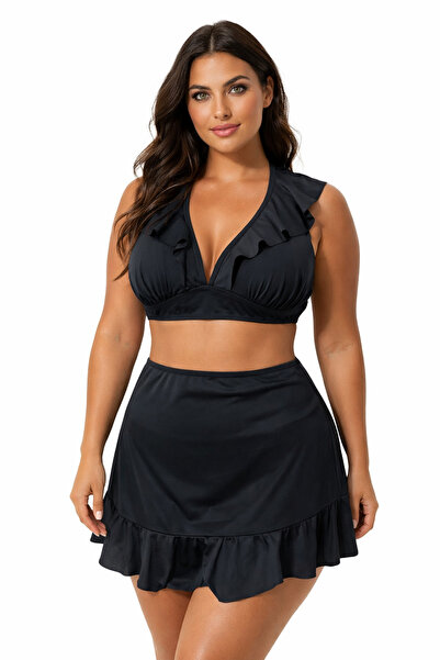 PİAURA Toparlayıcı Etekli Mayo Siyah Büyük Beden Kadın Mayo - 3 lü Takım