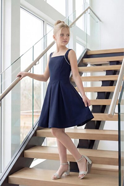 BUTİKHAPPYKİDS Rochie de seara pentru fete Bleumarin crep Adolescenta cu spat...