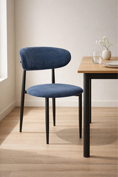 MARIA HOMES Modern Blue Fabric Dining Chair with Curved Backrest & Solid Wood...