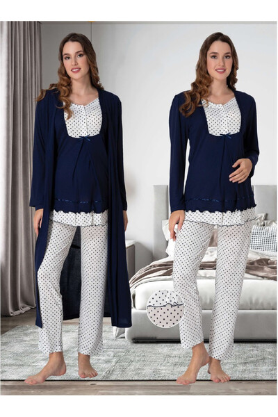 Effortt Dvina Maternity Long Sleeve Pajama Set with Dressing Gown - Navy Blue