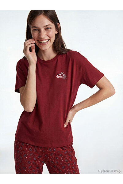 LC Waikiki Γυναικείο σετ πιτζάμες LCW DREAM Red Crew Neck με τύπωμα