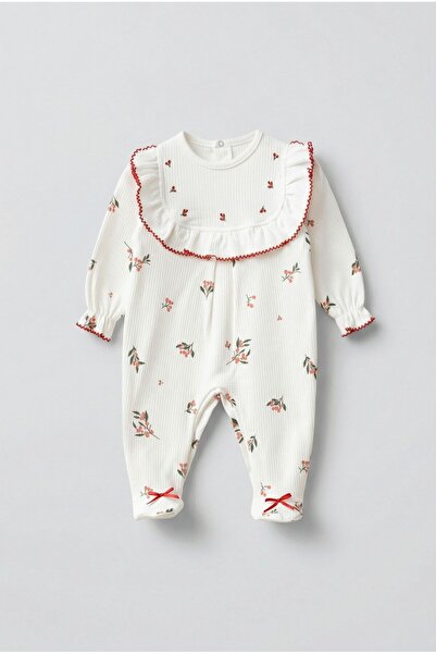 Magu Baby Girl Cotton Piece Ecru Floral Print Jumpsuit and Bandana Set