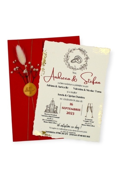 Fabricacucadouri.ro Pachet 50 Invitație Nuntă Plic Roșu cu Flori și Sigiliu A...