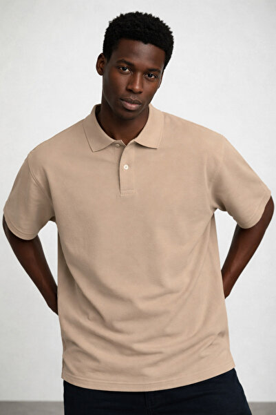 COMBİNE MİCHAİL Ανδρικό κοντομάνικο φαρδύ μπλουζάκι με λαιμόκοψη πόλο σε κρεμ...