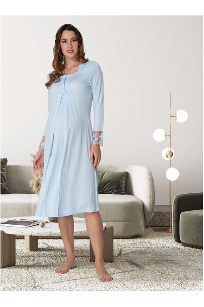Effortt Dvina Maternity Long Sleeve Nightgown - Blue