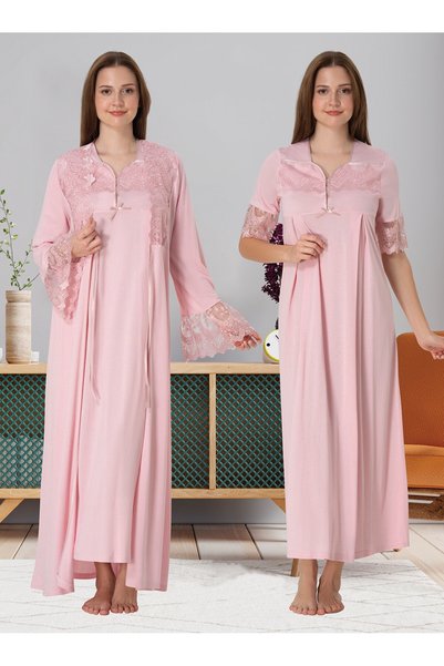Effortt Dvina Lohusa Hamile Lace Detailed Dressing Gown and Nightgown Set - S...