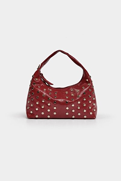 Çantacımstore Women's Studded Stone Shoes Leather-Look Bag Burgundy Shiny
