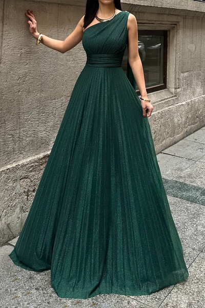 XXL BUTİK Kadın Zümrüt Yeşili Tek Omuz Simli Kumaş Işıltılı Maxi Abiye Elbise...