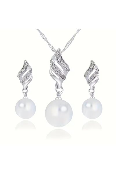 takantakana Pearl Zircon Embellished, Necklace, Earrings, Jewelry Set, in Woo...
