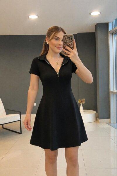 civetta Women's Short Sleeve Zippered Collar Short Viscose Two Thread Dress