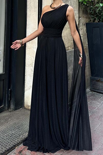 XXL BUTİK Kadın Siyah Tek Omuz Simli Kumaş Işıltılı Maxi Abiye Elbise ESR030