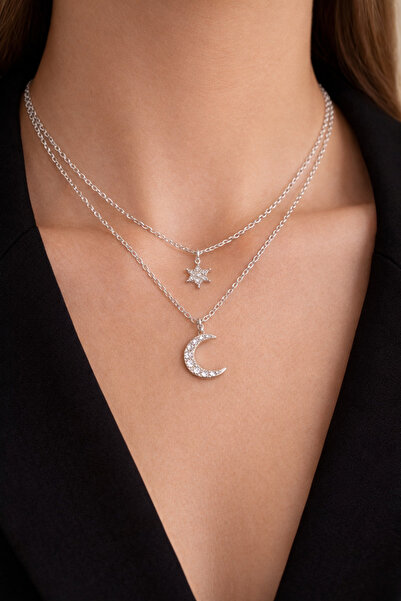 OEM Double Silver Necklace with Star and Moon Pendants, Rhinestones, Layered,...