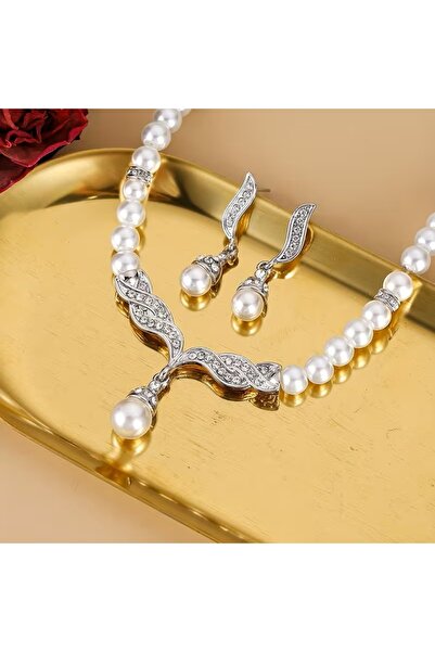 takantakana Zirkon Taş İşlemeli, Beyaz İnci Gümüş Takı Seti, Ahşap Kutu içeri...