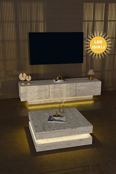 webotto 8 Almad Led Işıklı Tv Ünitesi ve Dammas Ledli 2 Katlı Orta Sehpa Takı...