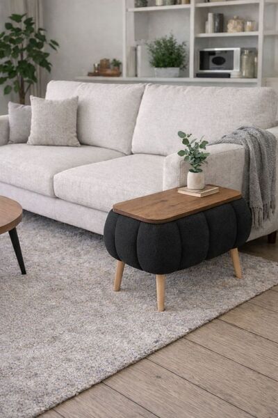 own home Nora Sandıklı Yan Sehpa, Teddy Kumaş Kaplamalı Ahşap Ayaklı Modern Y...