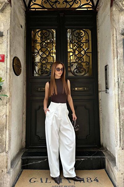My Loore White High Waist Wide-Leg Fabric Trousers – Modern & Elegant Mlb146