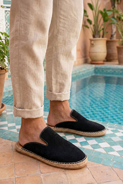 by selvi Lukka Shoes Erkek Terra El Yapımı Siyah Suni Deri Tozu Espadril Terlik