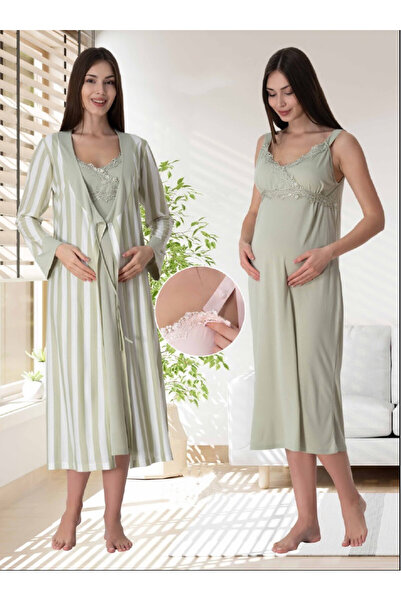 Effortt Dvina Lohusa Hamile Çizgili Sabahlık ve Askılı Gecelik Takımı - 2'li ...