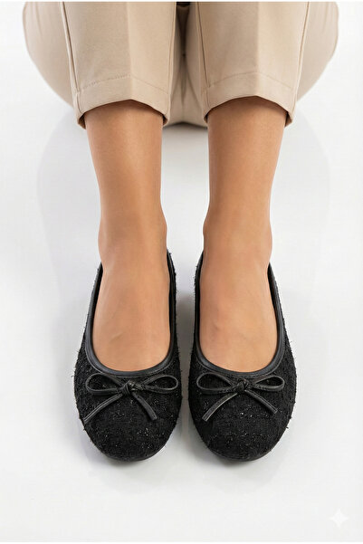 SUNSTEP Μαύρο ύφασμα τουίντ Mary Jane Μπαλαρίνα Κομψό Λεπτομέρεια με φιόγκο Ο...