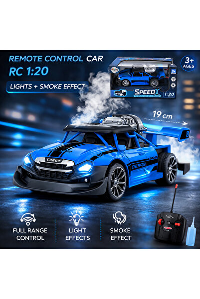 LEAN RC car with lights and smoke effect – 1:20 scale, Blue, 3 years+