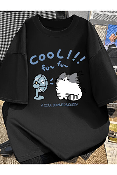 gencerco Design cool pisică cu imprimeu Premium supradimensionat tricou