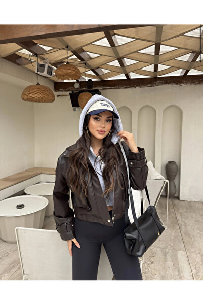 Lux Vestimenta Kadın Oversize Kapüşonlu Deri Ceket