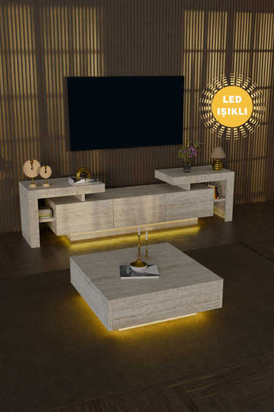 webotto 8 Bulnis Led Işıklı Tv Ünitesi 190cm ve Ledli Kare Orta Sehpa Takımı ...