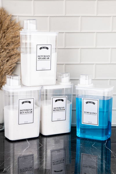 Saule 4'lü Deterjan Saklama Kabı Kendinden Ölçekli Renkliler Beyazlar Siyahla...