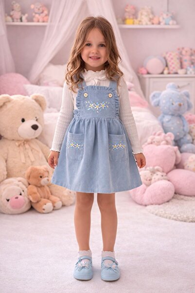 SUZIE Rochie Sarafan Fetițe Pinafore Albastră cu Broderie Florală, Model A-Li...