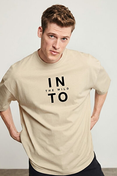 COMBİNE MİCHAİL Ανδρικό μπλουζάκι Into The WILD με τύπωμα Loose Cream T-Shirt